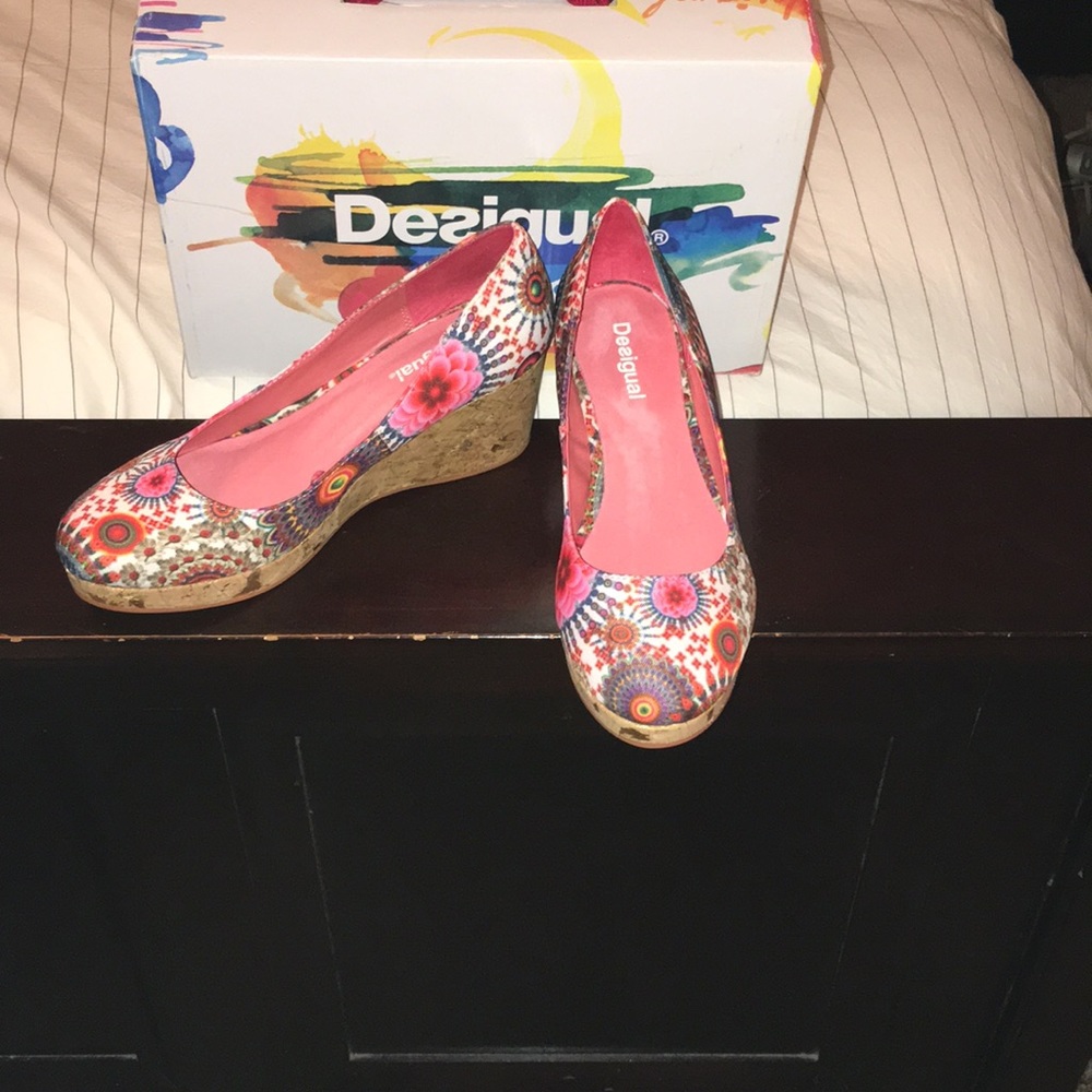 Desigual Floral Multi-Color Cork Wedge Pumps